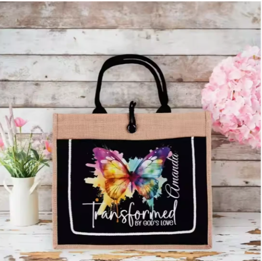 Natural jute tote bag, rustic texture, eco-friendly material, earth tone background