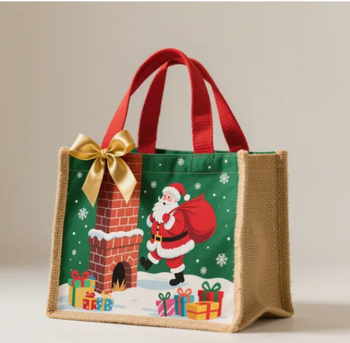 Beige and brown striped jute shopping bag, sturdy handles, organic style