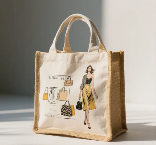 Large jute market bag, heavy duty, natural look, placed in market setting