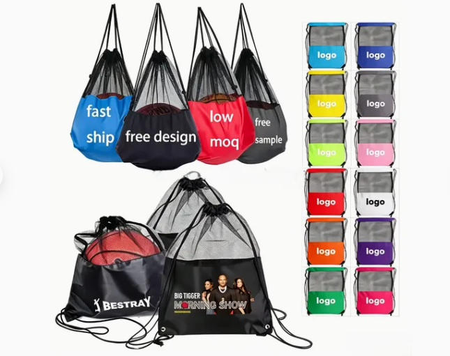 Black mesh drawstring gym bag, breathable fabric, sporty look, active setting